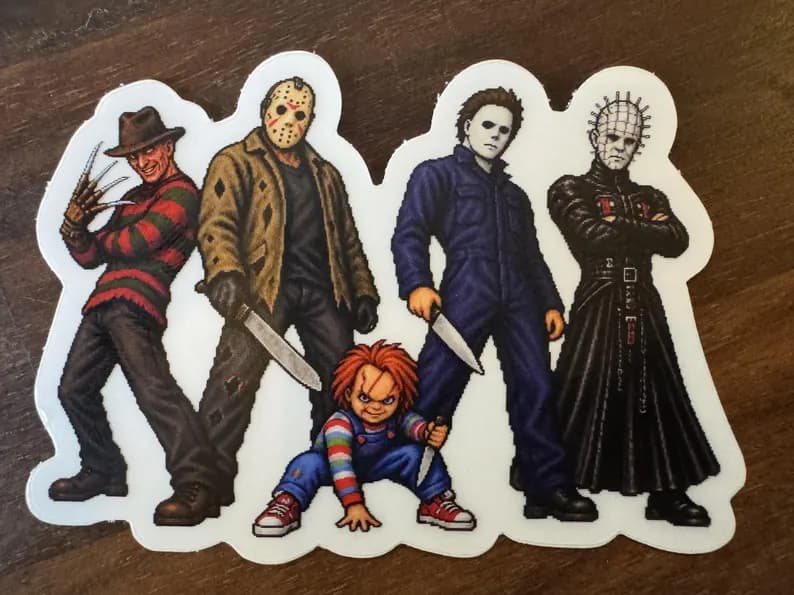 80s Horror Icons Pixel Art Vinyl Sticker | Freddy Jason Michael Myers Pinhead Chucky | Retro SNES B-Boy Laptop Decal