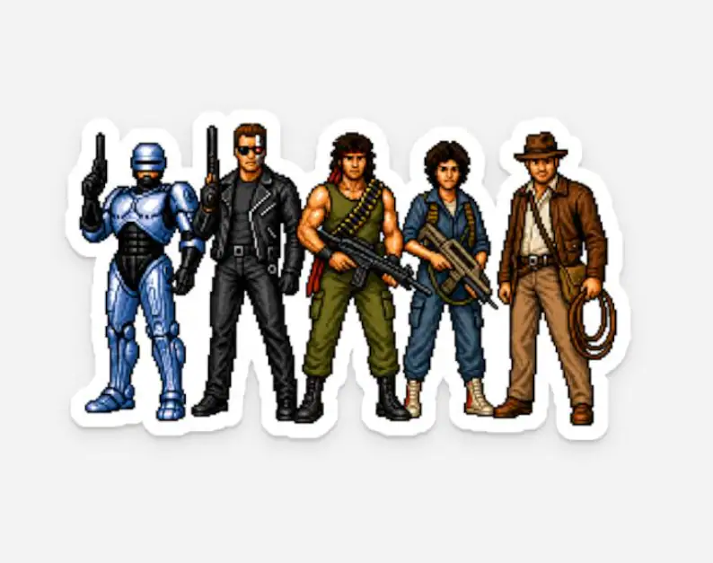 80's Action 8-bit Top 5 Clear Laptop Sticker (Robocop, Terminator, Rambo, Ripley, Indiana)