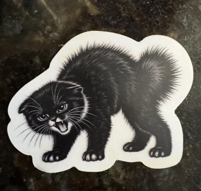 Angry Black Cat Vinyl Sticker – Retro Halloween Cat Laptop Decal – Spooky Vintage Kitty Sticker